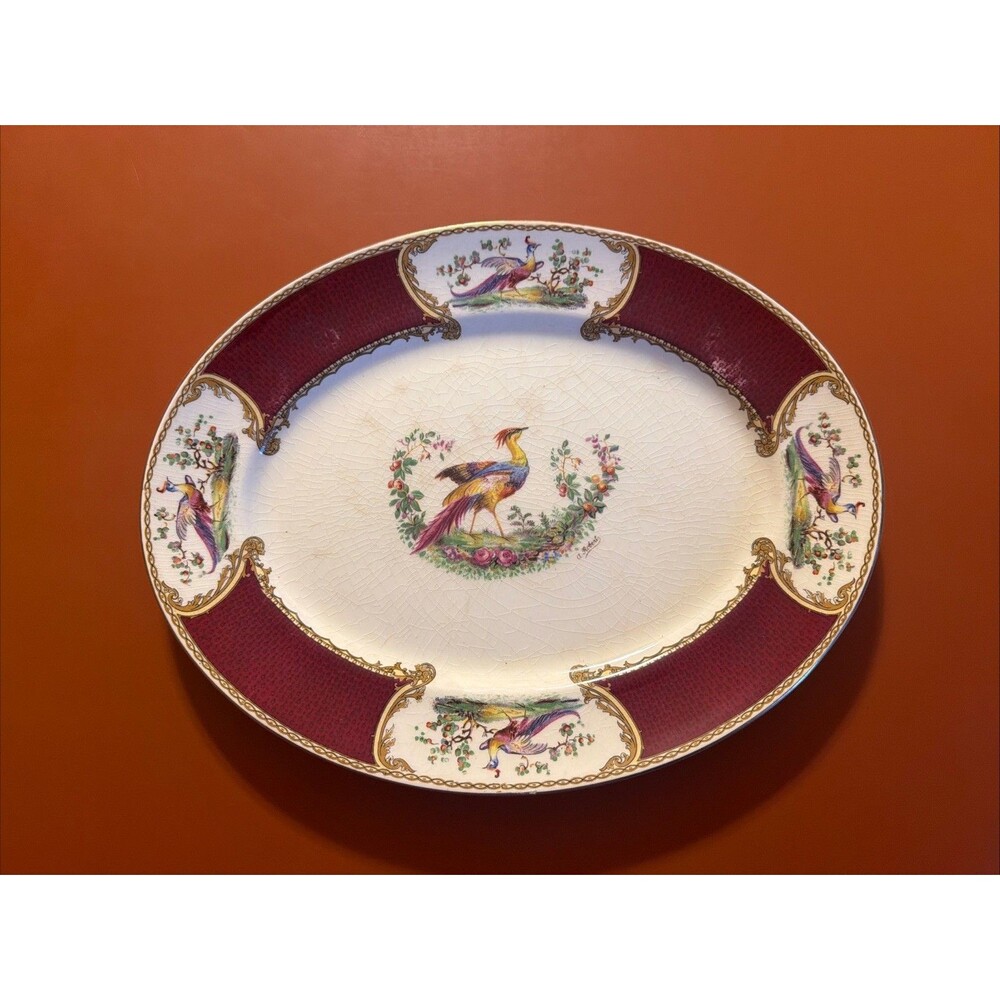 Myott Staffordshire Chelsea Bird Red Serving Dish Rare Signed 12 5/8